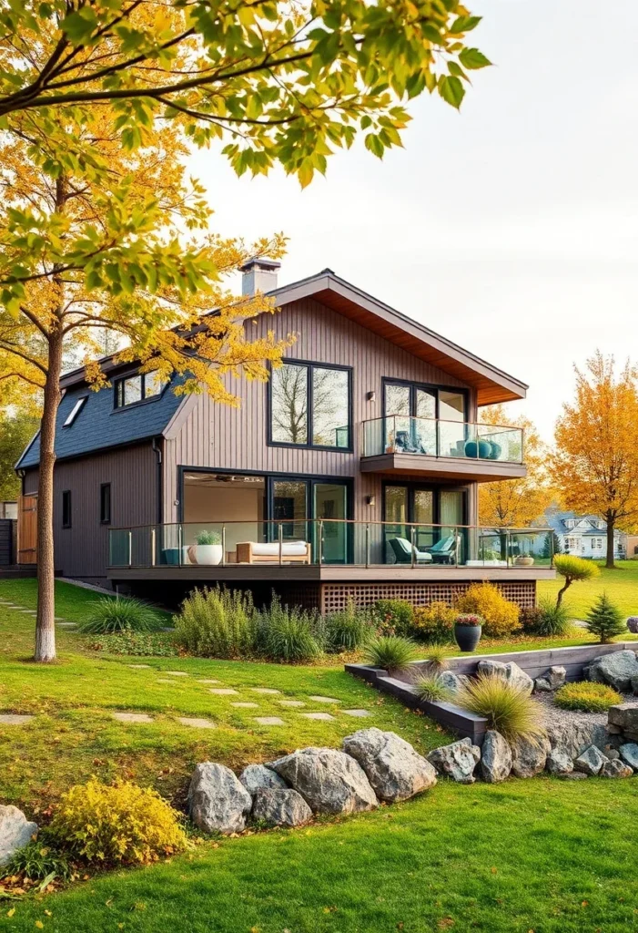 Modern home with vertical wood siding, large windows, glass balcony railings, minimalist design