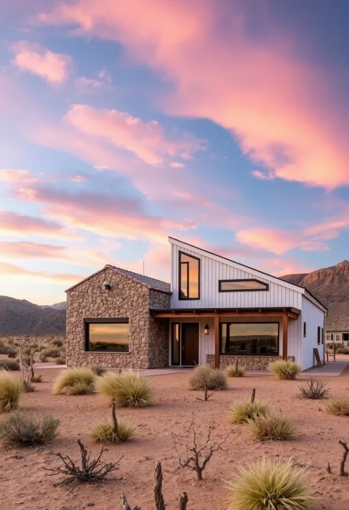 Desert modern home, light stone, white siding, asymmetrical roof, desert landscape