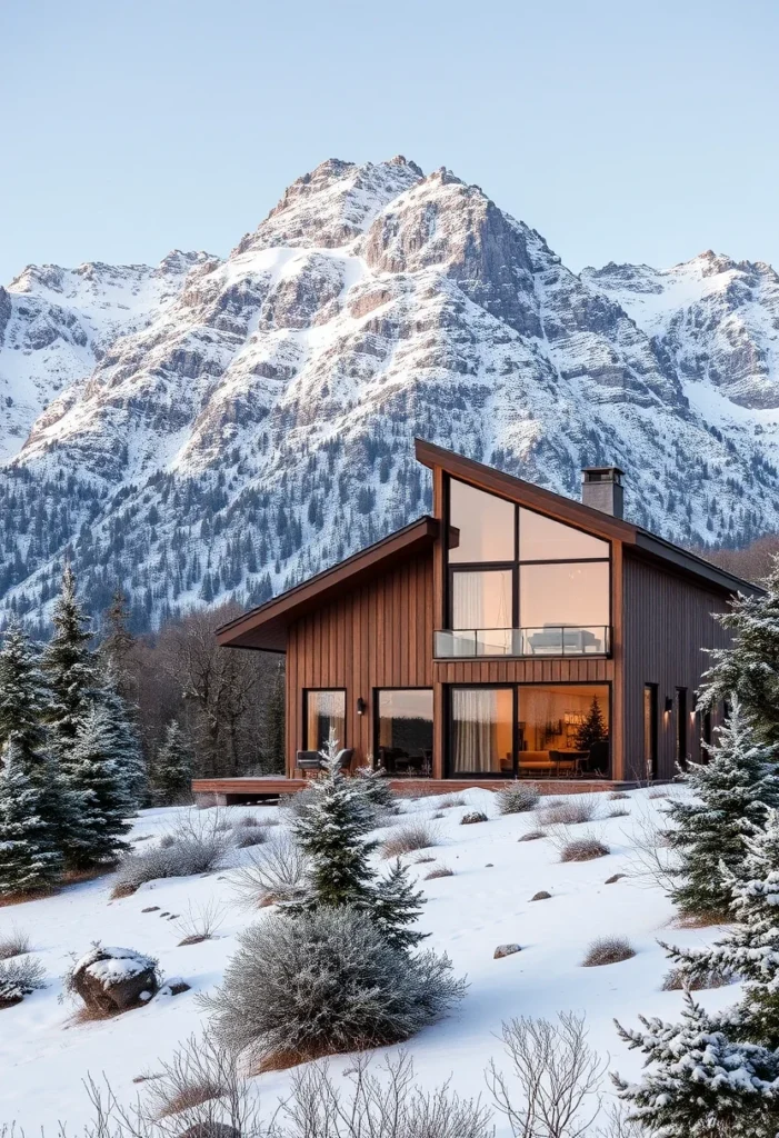 Mountain home, dark wood siding, steep pitched roof, large windows, snowy landscape