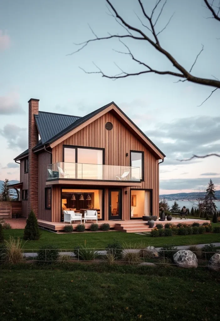 Lakeside home, vertical wood siding, large deck, balcony, glass railings, water views