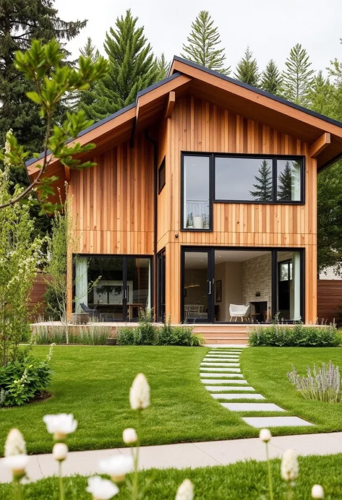 Modern home, natural wood siding, large windows, glass doors, concrete pathway