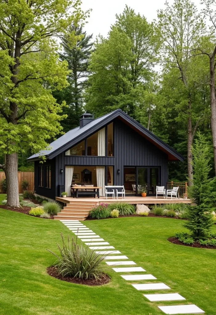 Modern black cabin, dark exterior, large windows, expansive deck, forest setting