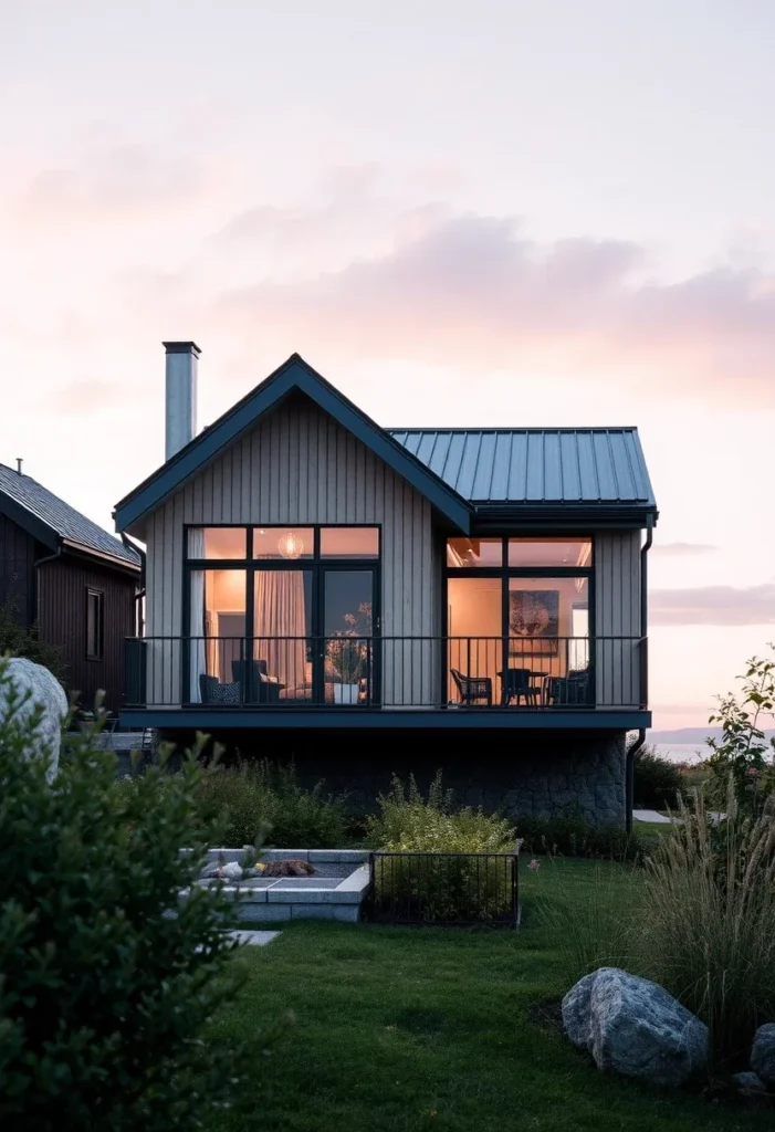 Elevated home, vertical wood siding, metal roof, large windows, natural surroundings