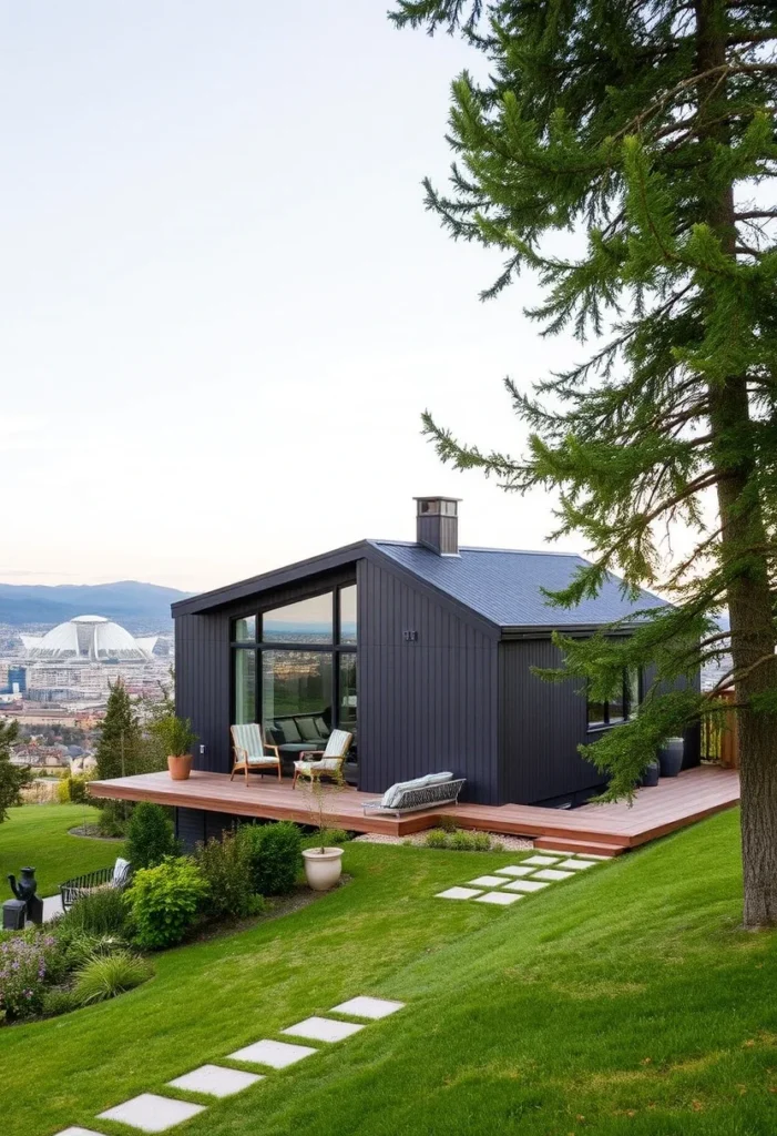 Hillside home, dark exterior, large wraparound deck, panoramic views, modern design