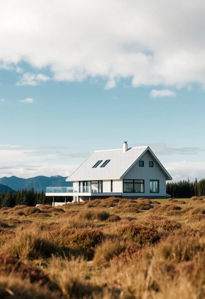 Modern farmhouse, white exterior, pitched roof, expansive windows, open landscape - minimalist Nordic homes