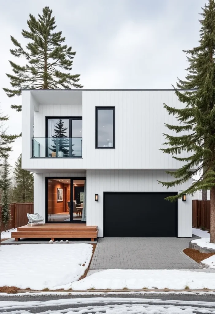 Modern minimalist white house, black garage door, black window frames, cantilever design