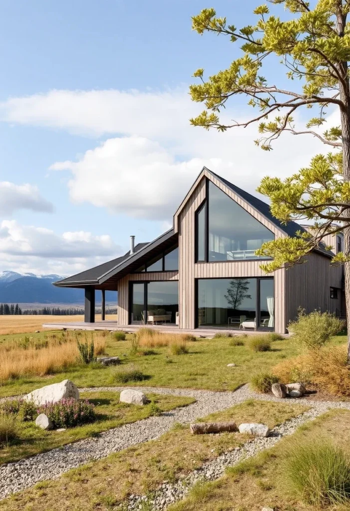 Modern home, floor-to-ceiling windows, natural wood siding, spacious deck, indoor-outdoor living - minimalist Nordic homes