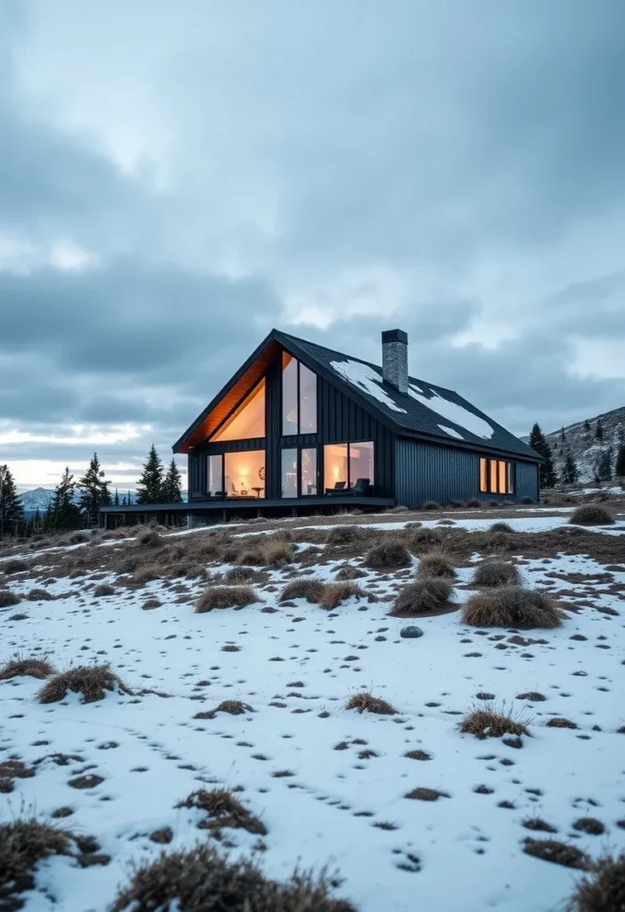 Modern chalet, dark exterior, large windows, snowy landscape, winter setting - minimalist Nordic homes