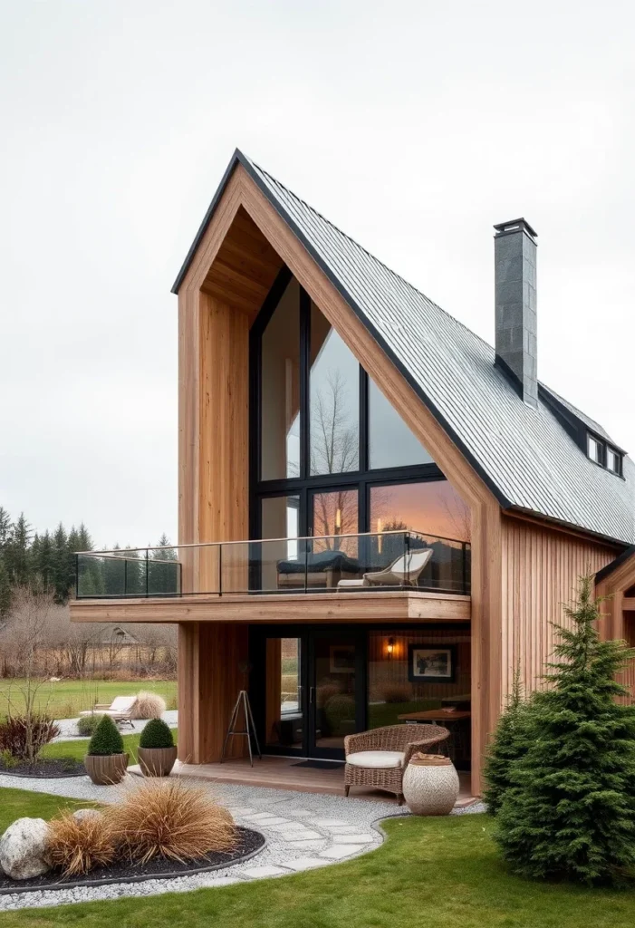 Modern barn-inspired home, vertical wood siding, metal roof, large windows, balcony - minimalist Nordic homes