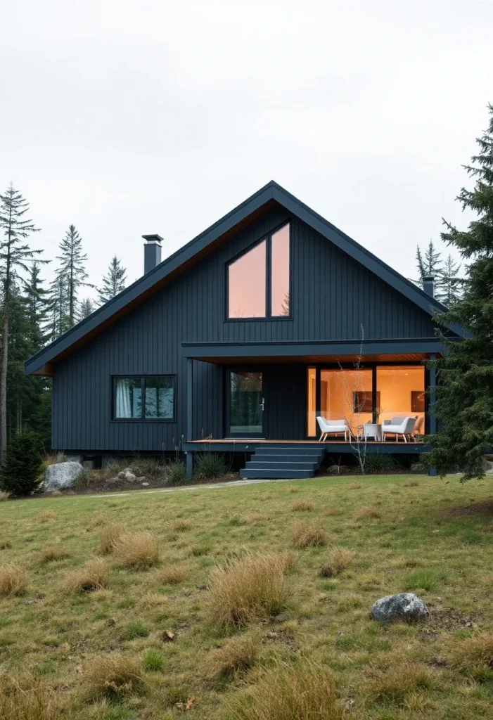 Dark wood siding home, large windows, front porch, coastal style, contemporary design - minimalist Nordic homes