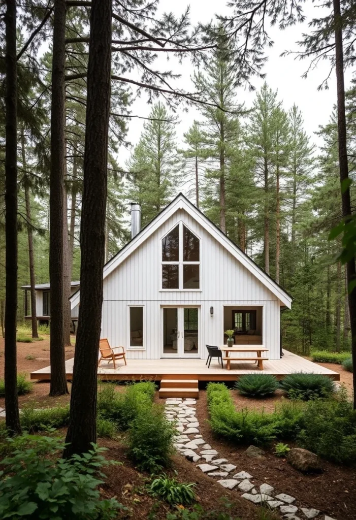 White A-frame tiny house in forest, large windows, wood deck, minimalist design