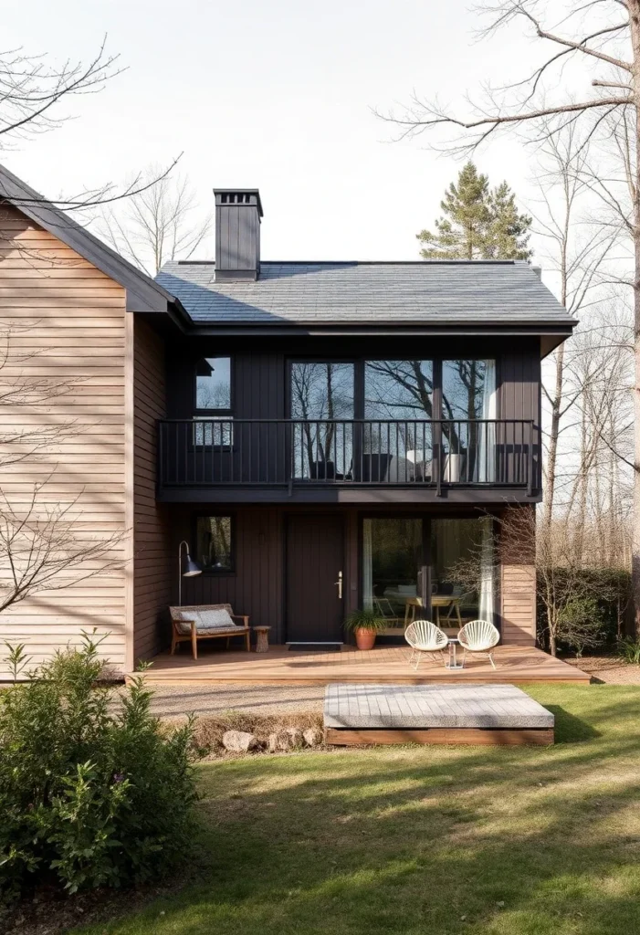 Dark wood siding house, large windows, second-story balcony, modern design