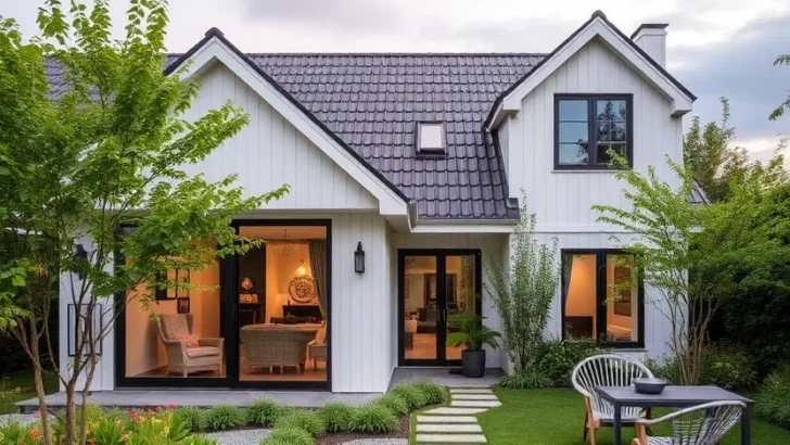 White farmhouse style home, black roof, modern windows, landscaped yard, stone pathway