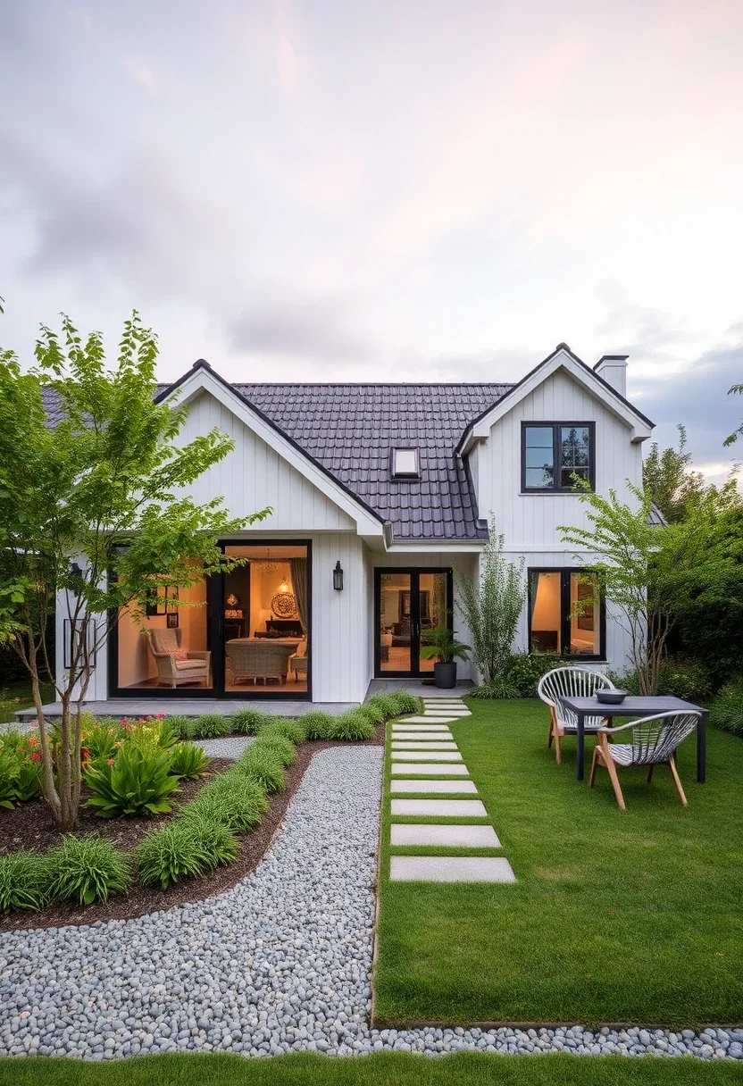 White farmhouse style home, black roof, modern windows, landscaped yard, stone pathway