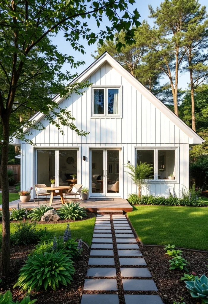 White house, large glass doors, pitched roof, vertical siding, minimalist design