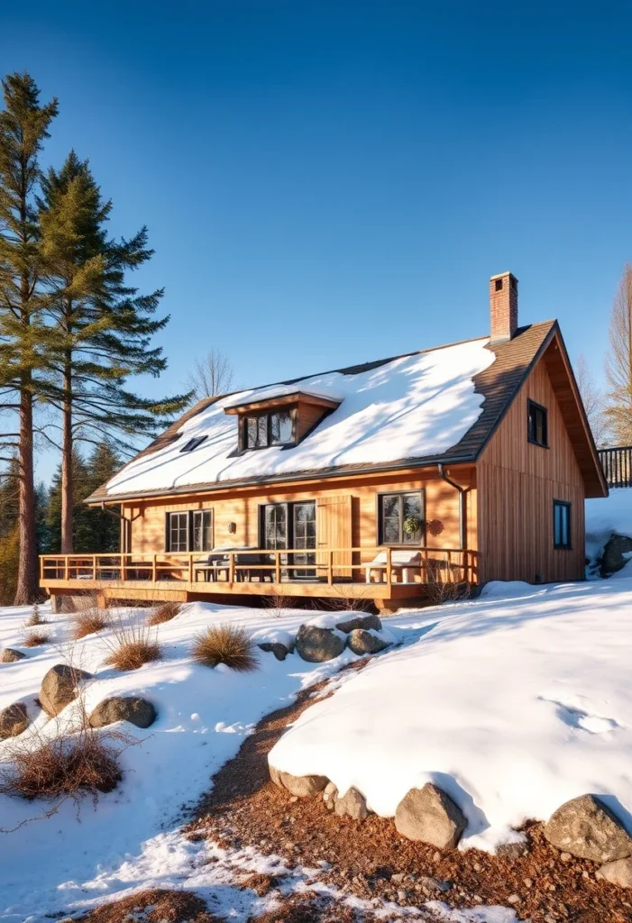 Natural wood siding house, black window frames, snow, large deck, winter setting