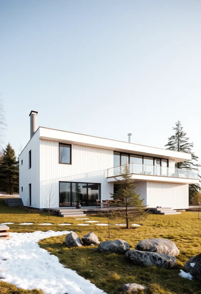 White minimalist home, flat roof, cantilevered second story, glass railing, modern design