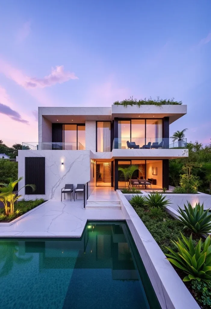 High-end minimalist house exterior design with pool