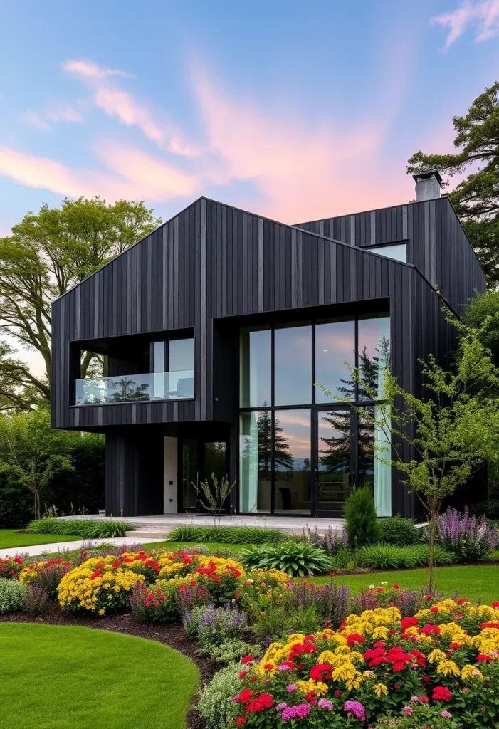 Modern minimalist house exterior design with dark wood siding