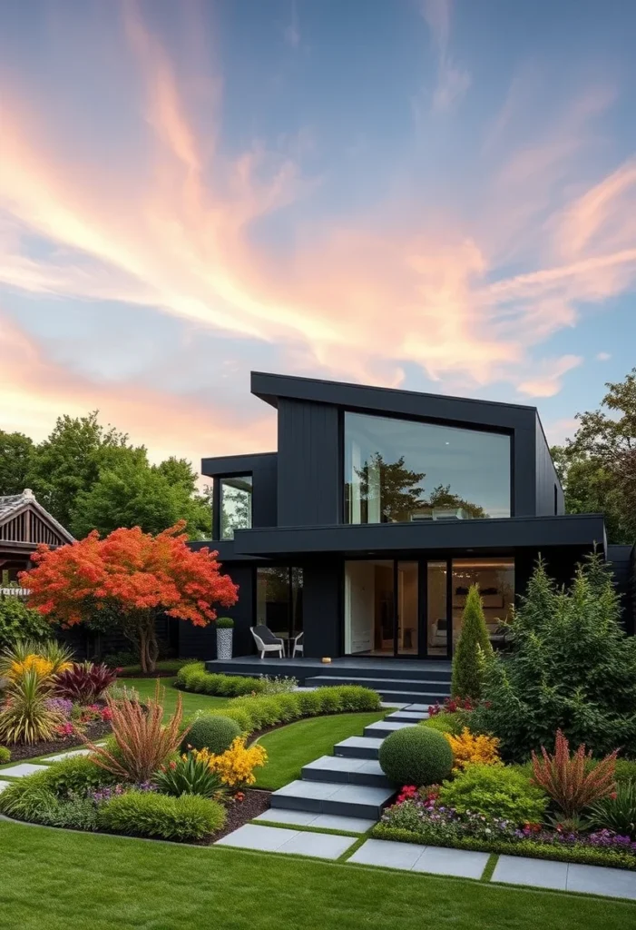 Modern black house exterior design with vibrant landscaping