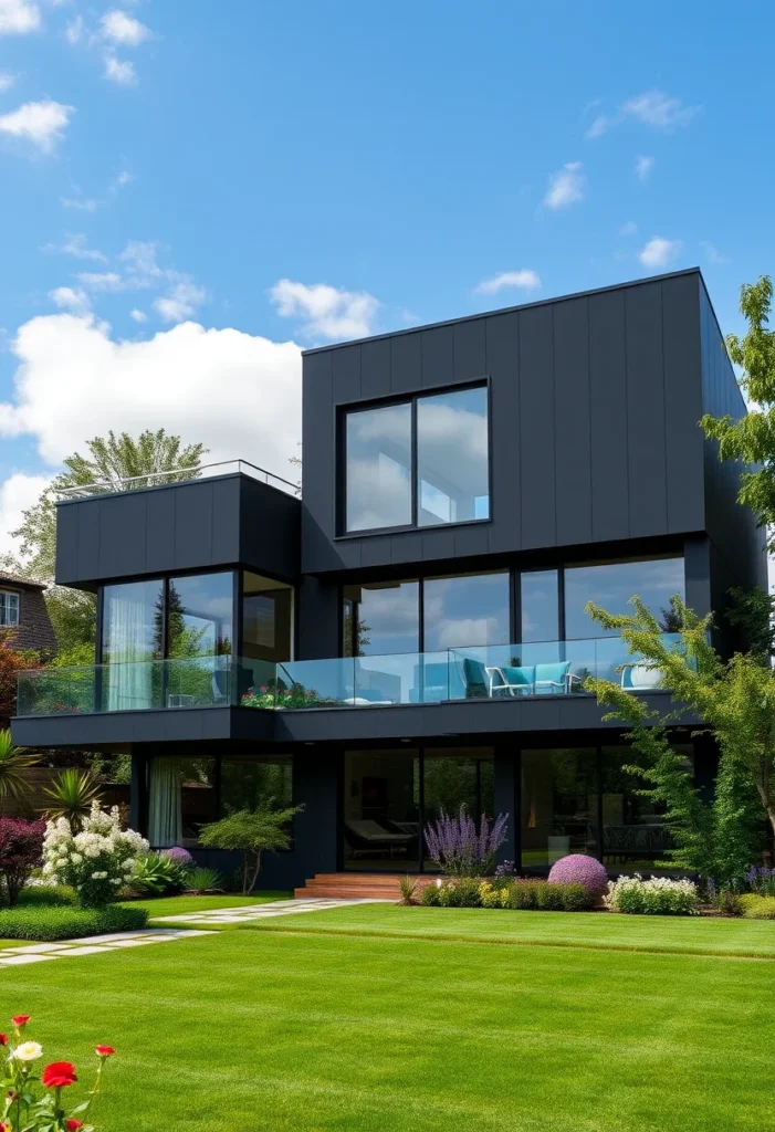 High-end minimalist black house exterior design with glass railings