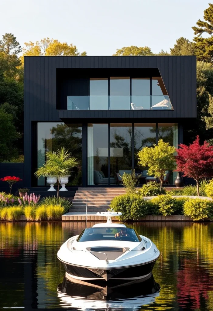 Minimalist house exterior design on a lake