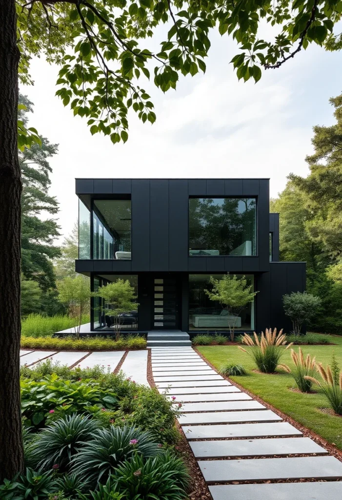 Black minimalist house exterior design in a forest