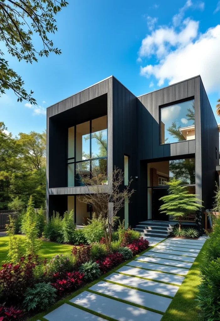 Black minimalist house exterior design with modern pathway