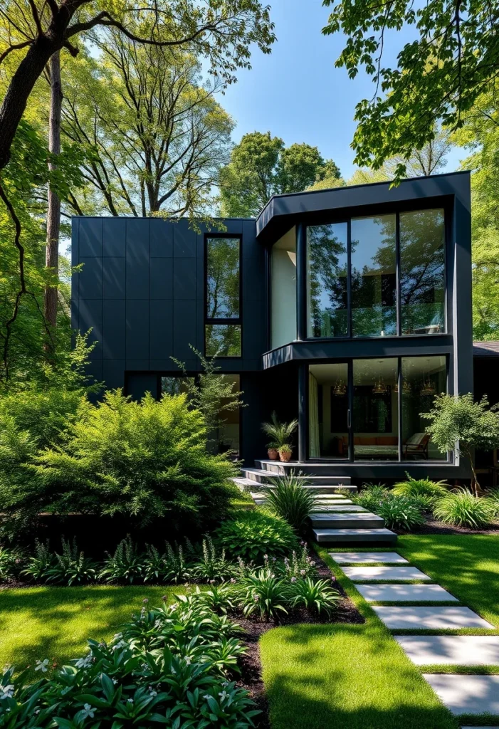 Modern black house exterior design with surrounding greenery