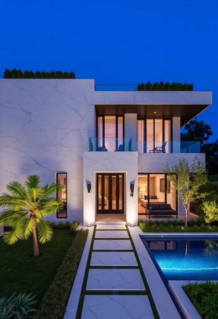 Night view of minimalist house exterior design with marble