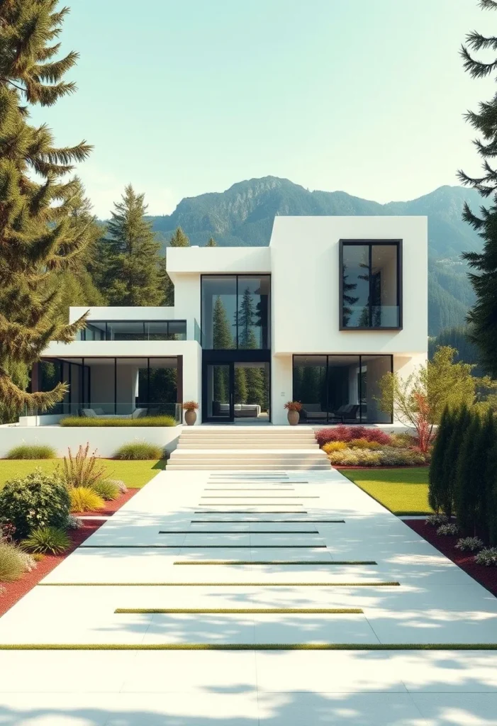 Minimalist white house exterior design with mountain views