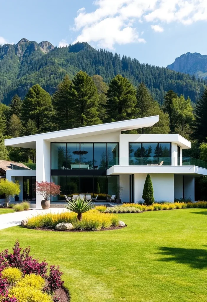 White minimalist house exterior design in a hilly landscape