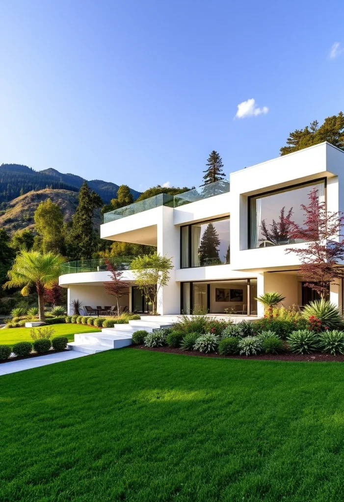 Multi-level white minimalist house exterior design on a hill