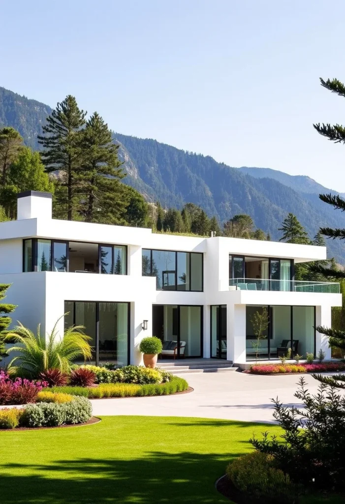 Large white minimalist house exterior design with mountain views