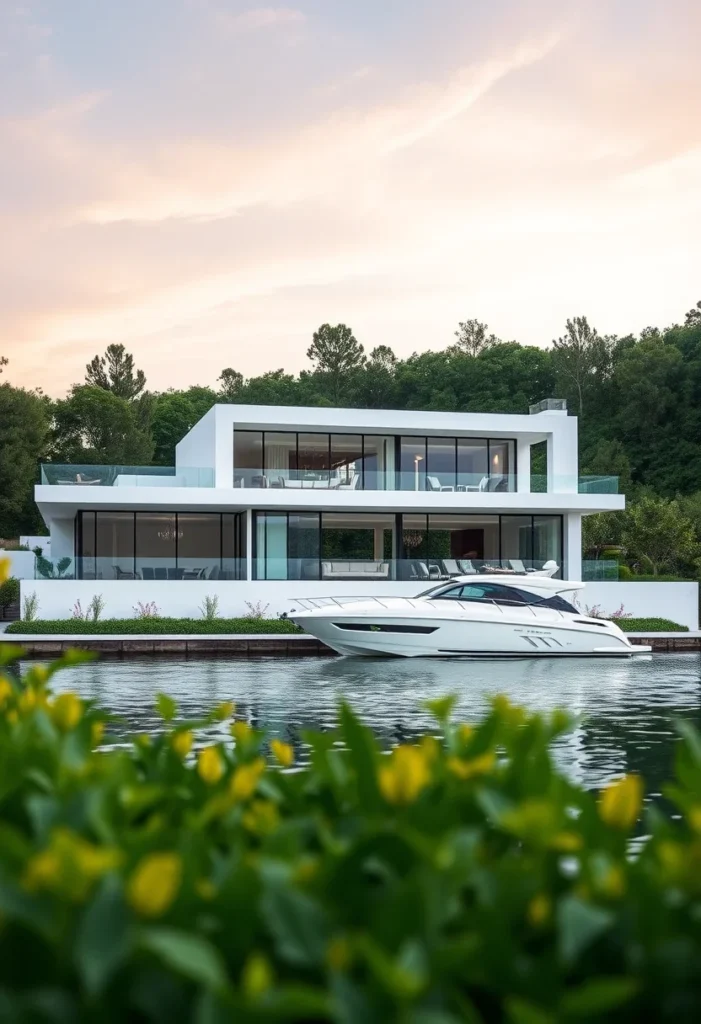 White minimalist house exterior design on a lake