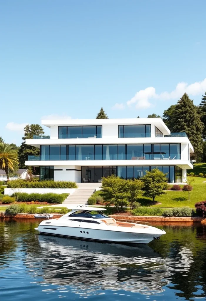 Multi-level white minimalist house exterior design on a lake