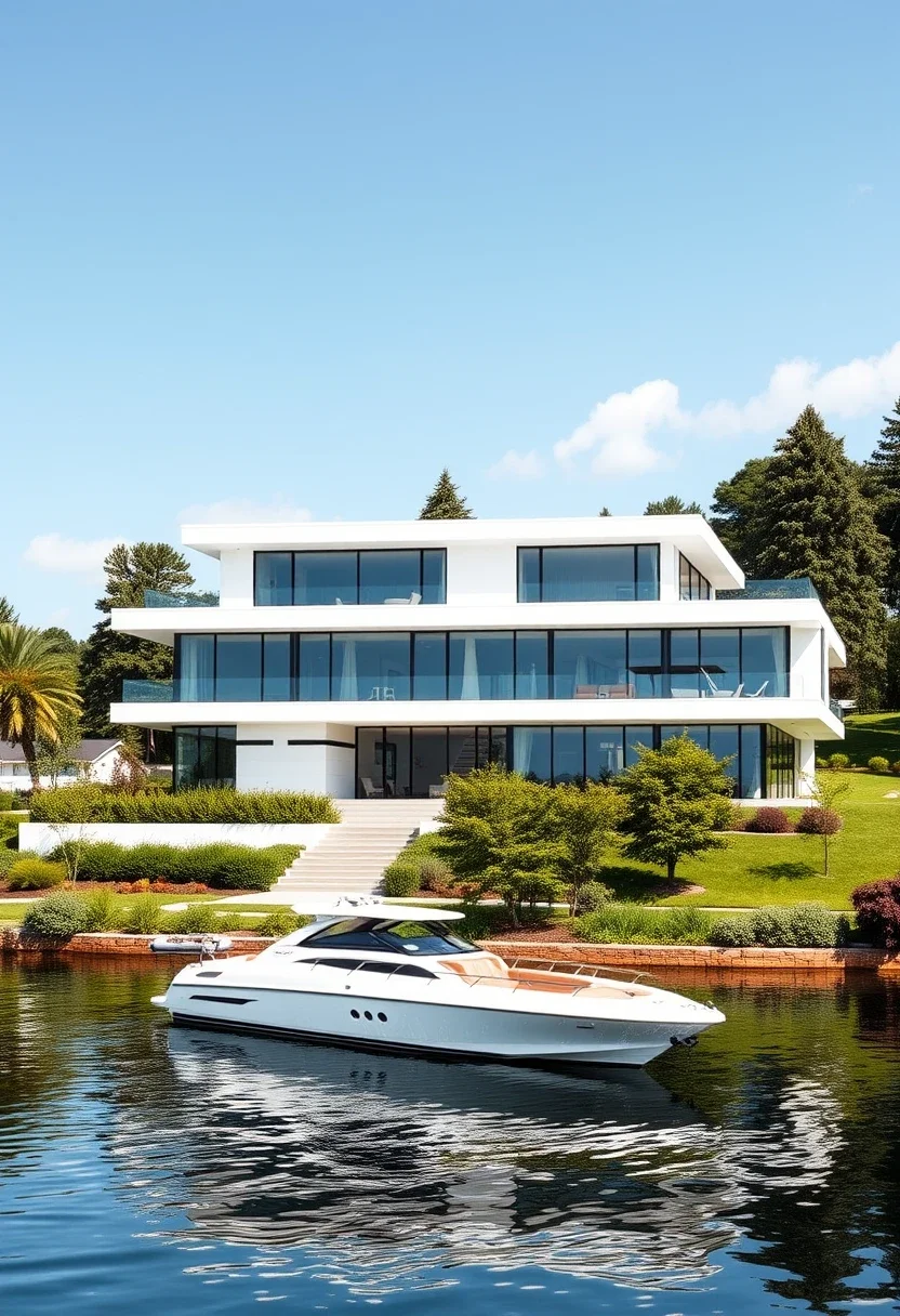 Multi-level white minimalist house exterior design on a lake