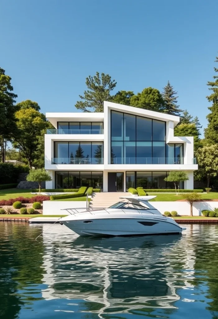 White minimalist house exterior design with angular roof