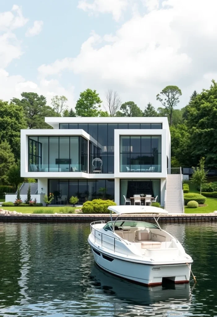 White minimalist house exterior design on a lake with boat