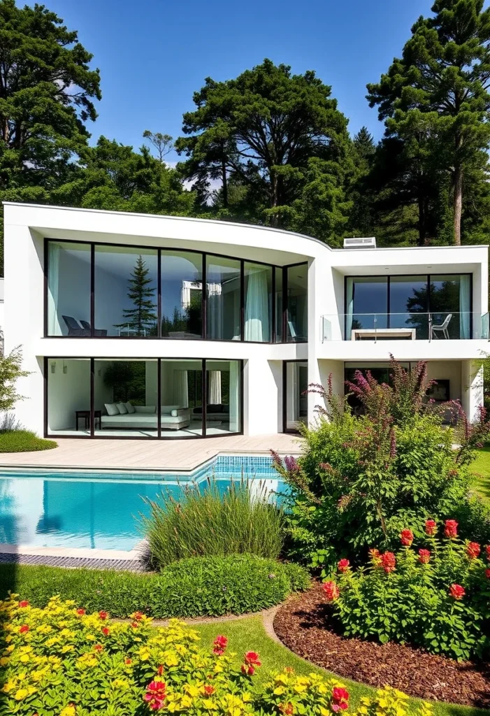 White minimalist house exterior design with curved walls and pool