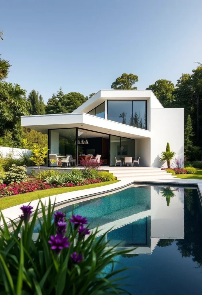 White minimalist house exterior design with reflecting pool