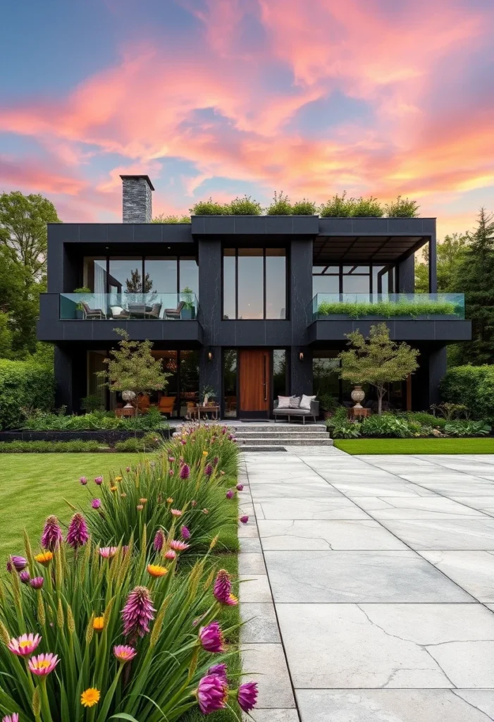 Modern black house exterior design at sunset