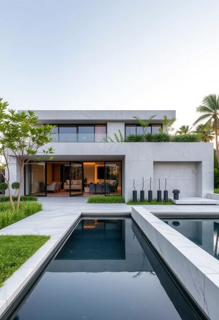 High-end minimalist house exterior design with reflecting pool