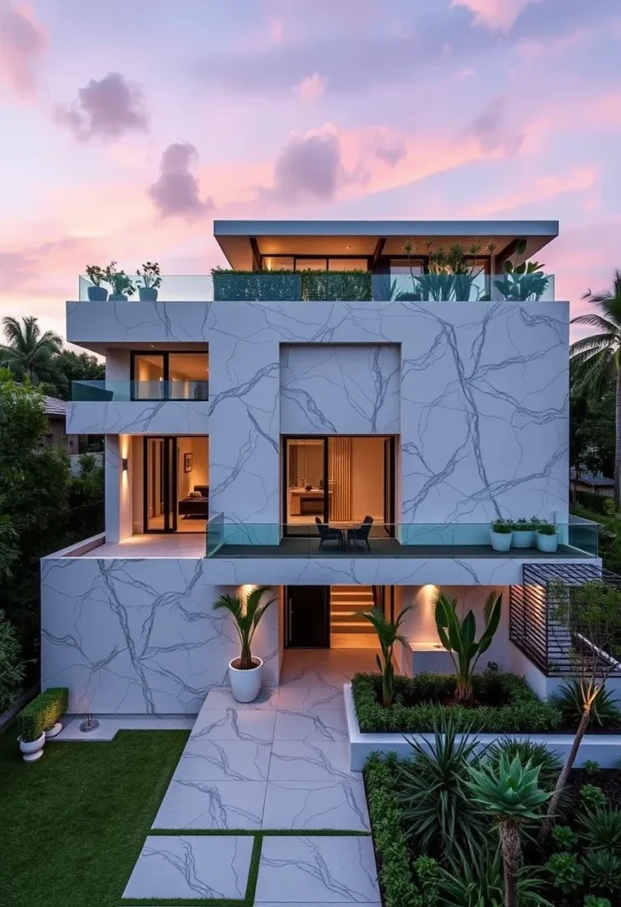 High-end minimalist house exterior design at sunset