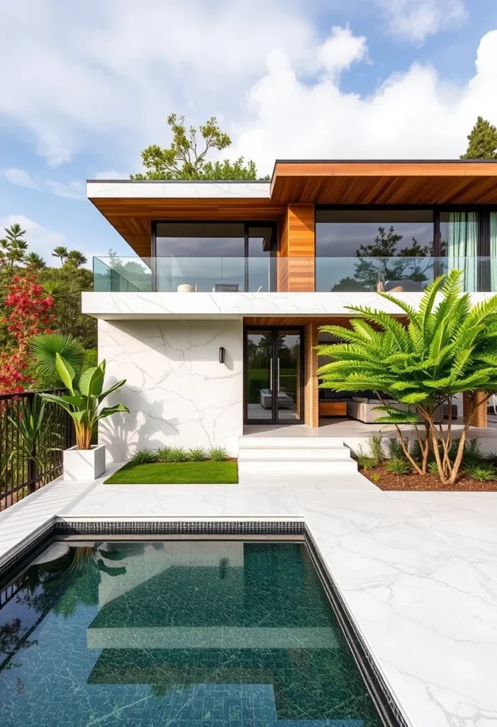 Modern minimalist house exterior design with pool