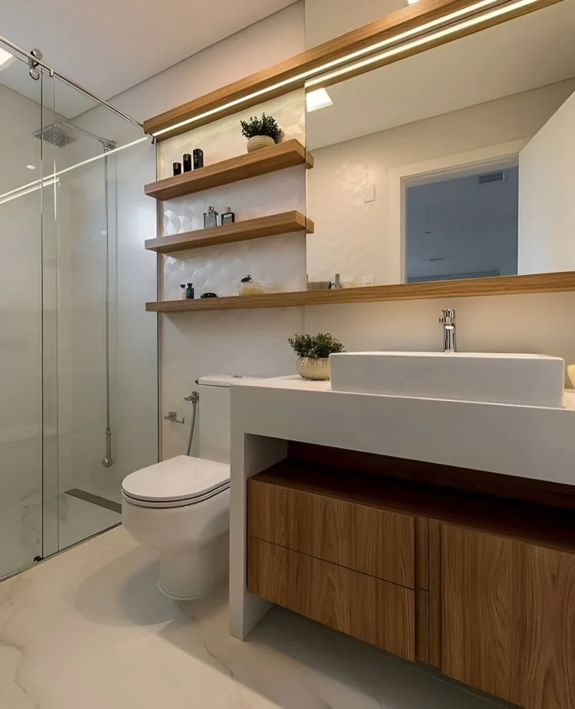 Modern Bathroom with Wood Vanity and Shelves