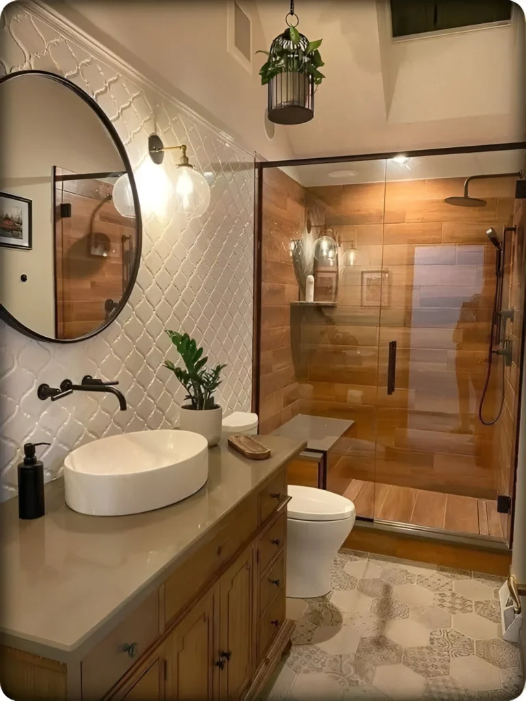 Rustic Modern Bathroom with Wood and Patterned Tiles