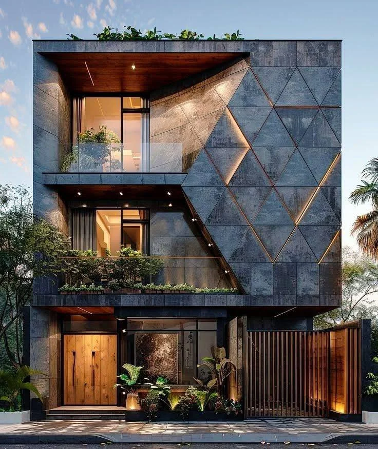 Modern house design featuring geometric concrete facade, wood accents, and integrated greenery.