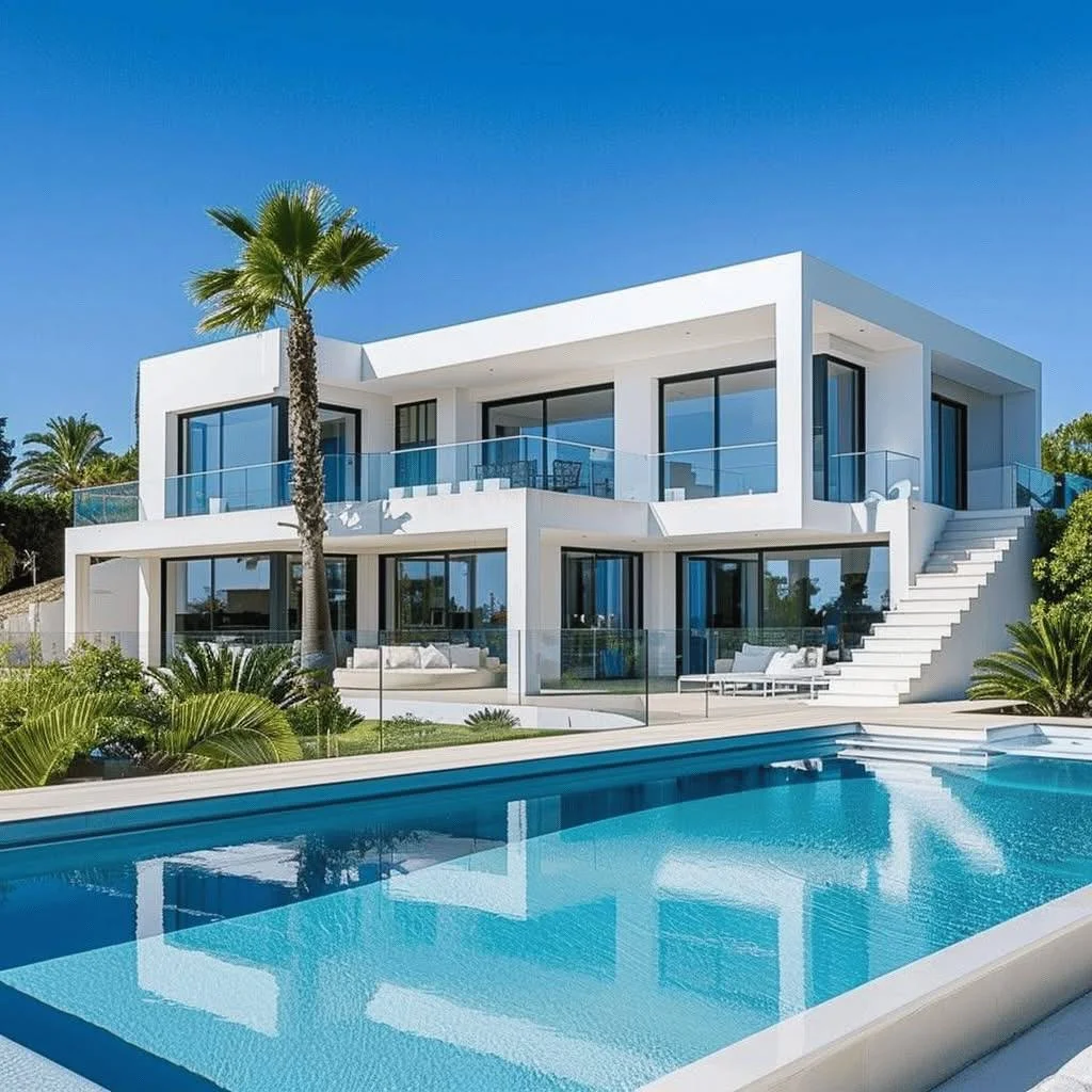 Modern white house design with expansive windows, large pool, and seamless indoor-outdoor flow.