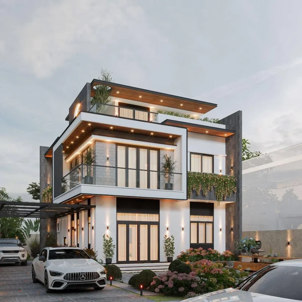 Multi-level modern house design with tiered structure, natural stone accents, and rooftop greenery.